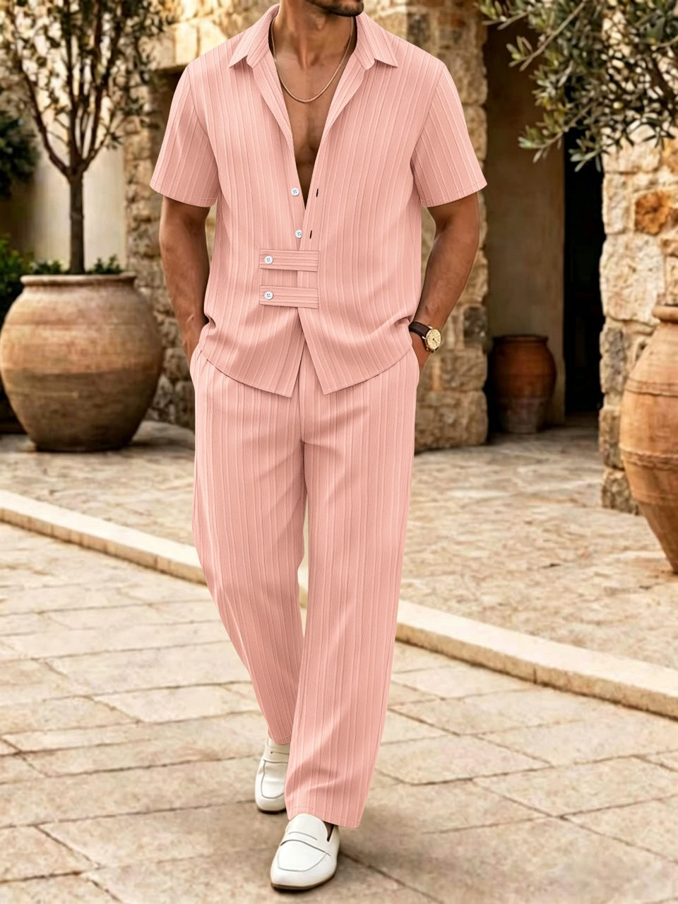 Striped Satin 2-Piece Shirt & Trousers Set